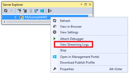 Captura de tela do Gerenciador de Servidores depois de clicar com o botão direito do mouse no seu aplicativo, com a opção Exibir logs de streaming selecionada em uma nova janela.