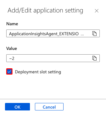 Uma captura de tela que mostra como definir uma configuração de aplicativo como uma configuração de slot no portal do Azure.