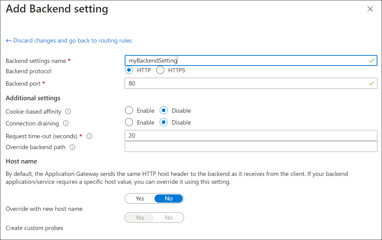 Captura de tela da criação de um novo gateway de aplicativo: configuração de back-end.