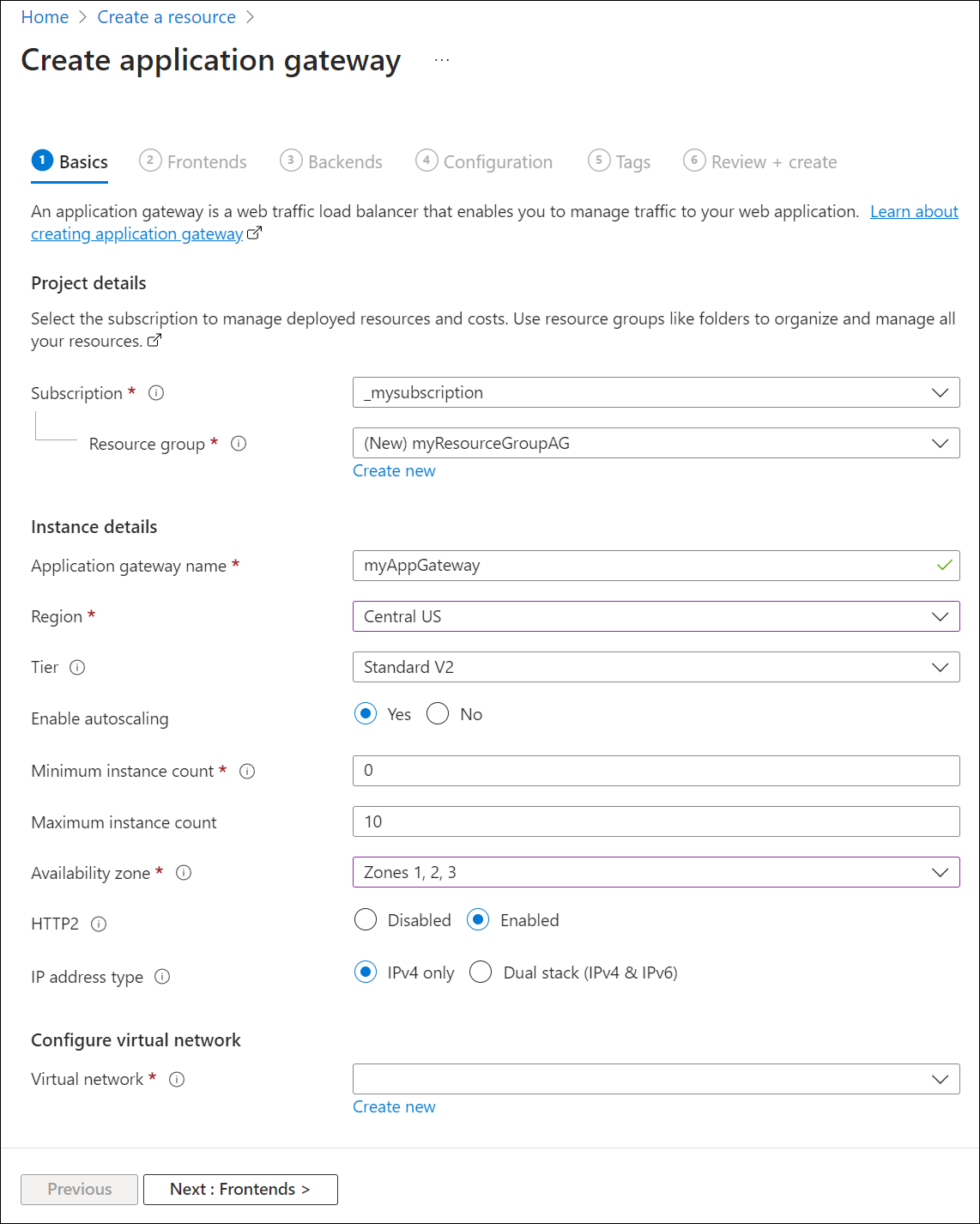 Captura de tela de criação de novo gateway de aplicativo: noções básicas.