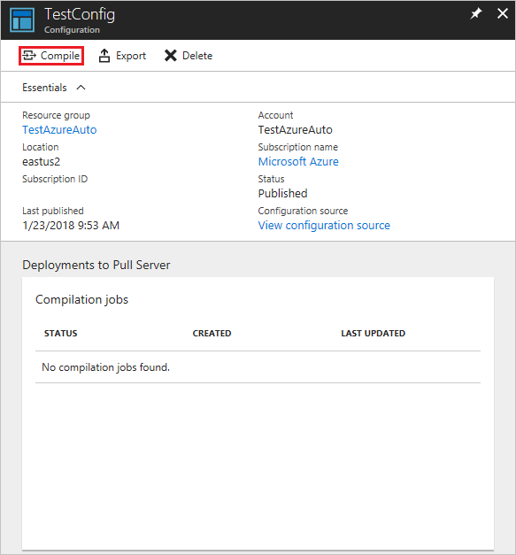 Captura de tela da página de configuração de TestConfig realçando o botão de compilação