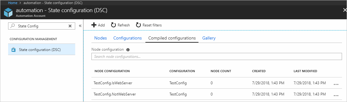 Captura de tela da guia Configurações Compiladas