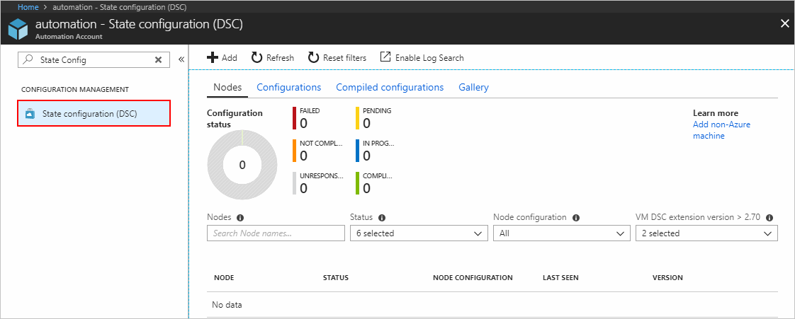 Captura de tela da página de Automação do Azure