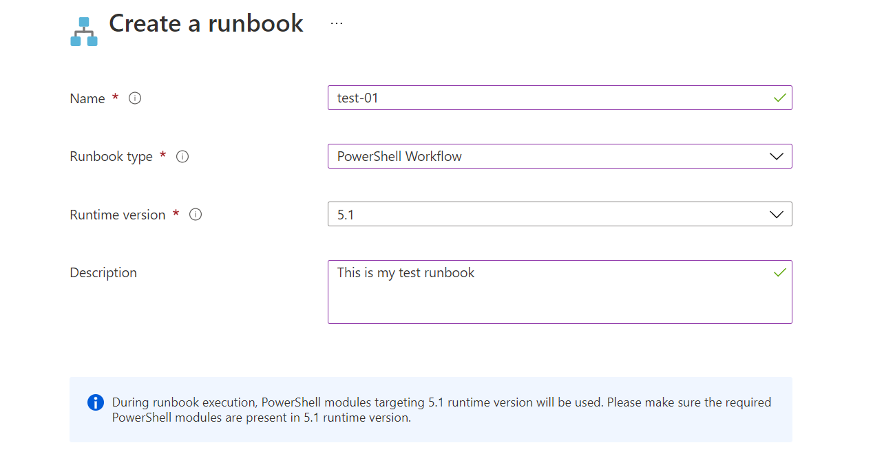 Opções do runbook de fluxo de trabalho do PowerShell no portal