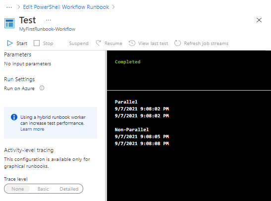 Saída paralela do runbook de fluxo de trabalho do PowerShell