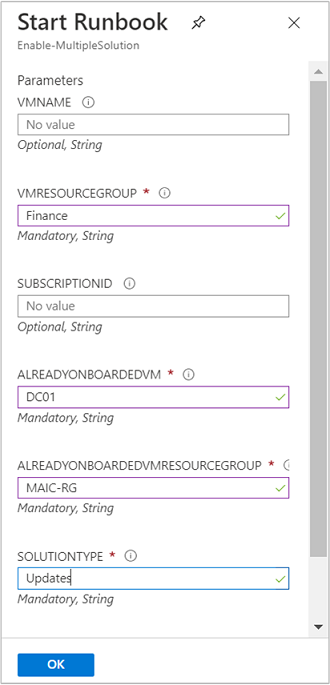 Parâmetros do runbook Enable-MultipleSolution