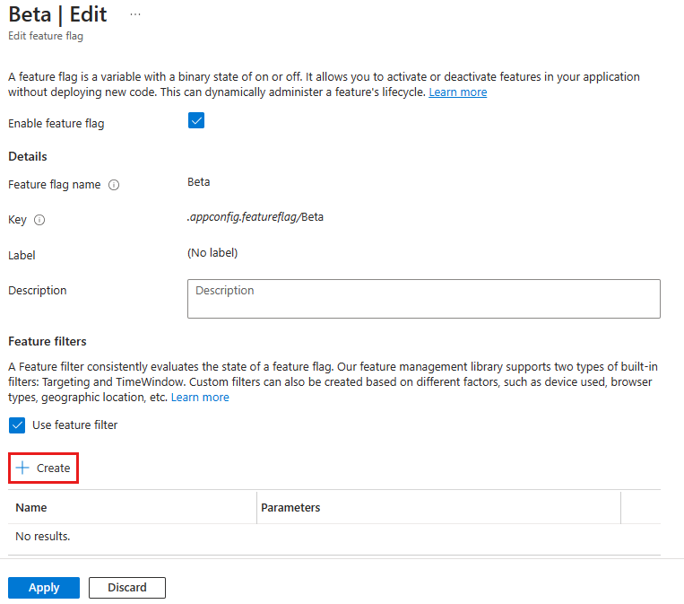 Captura de tela do portal do Azure, preenchendo o formulário “Editar sinalizador de recurso”.