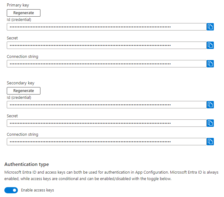 Captura de tela mostrando as chaves de acesso para um recurso da Configuração de Aplicativos do Azure.