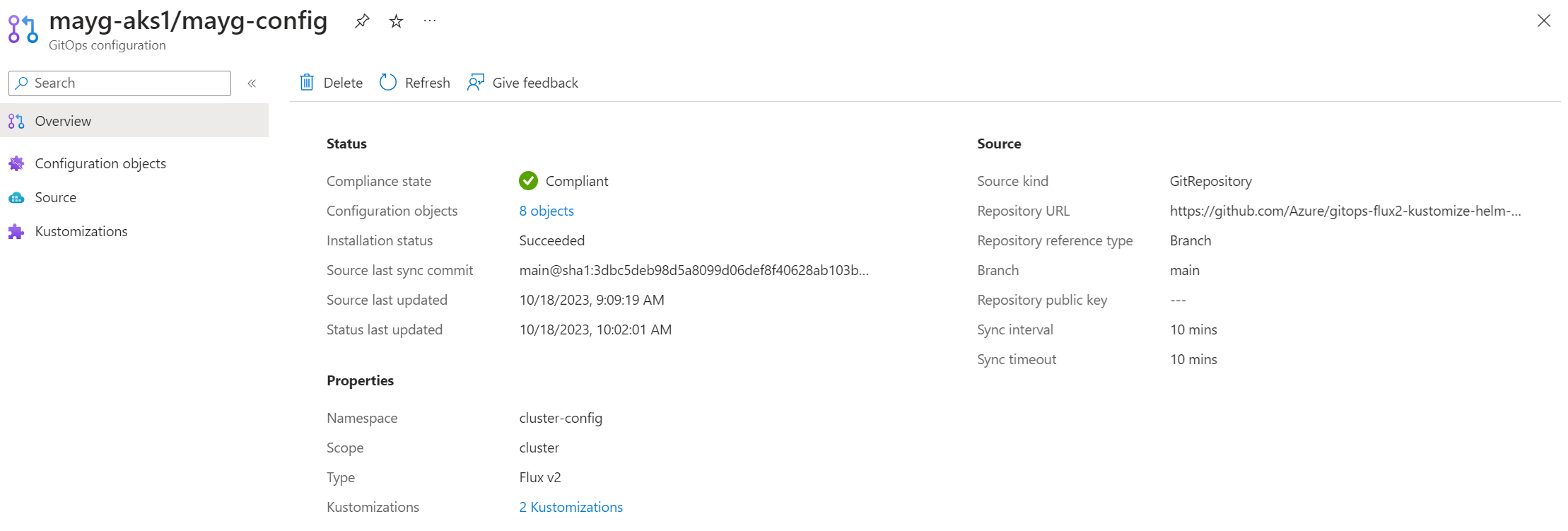 Captura de tela da página Visão geral de uma configuração do Flux no portal do Azure.