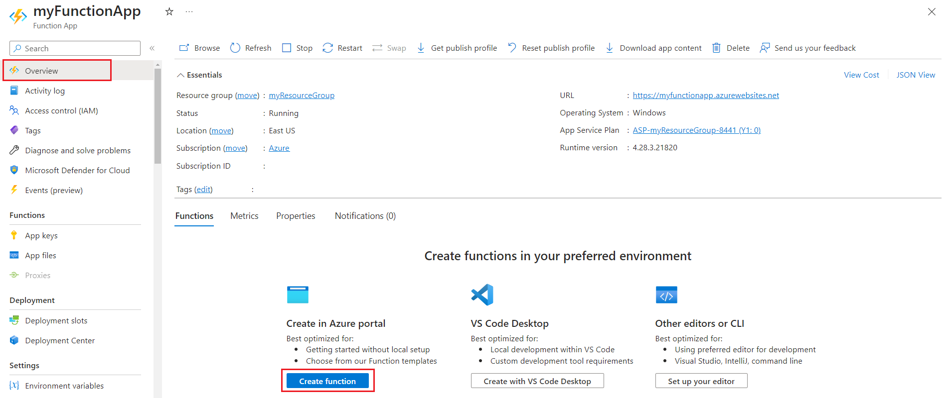 Captura de tela da adição de uma função no portal do Azure.