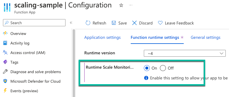 Captura de tela do painel do portal do Azure para habilitar escala por runtime.