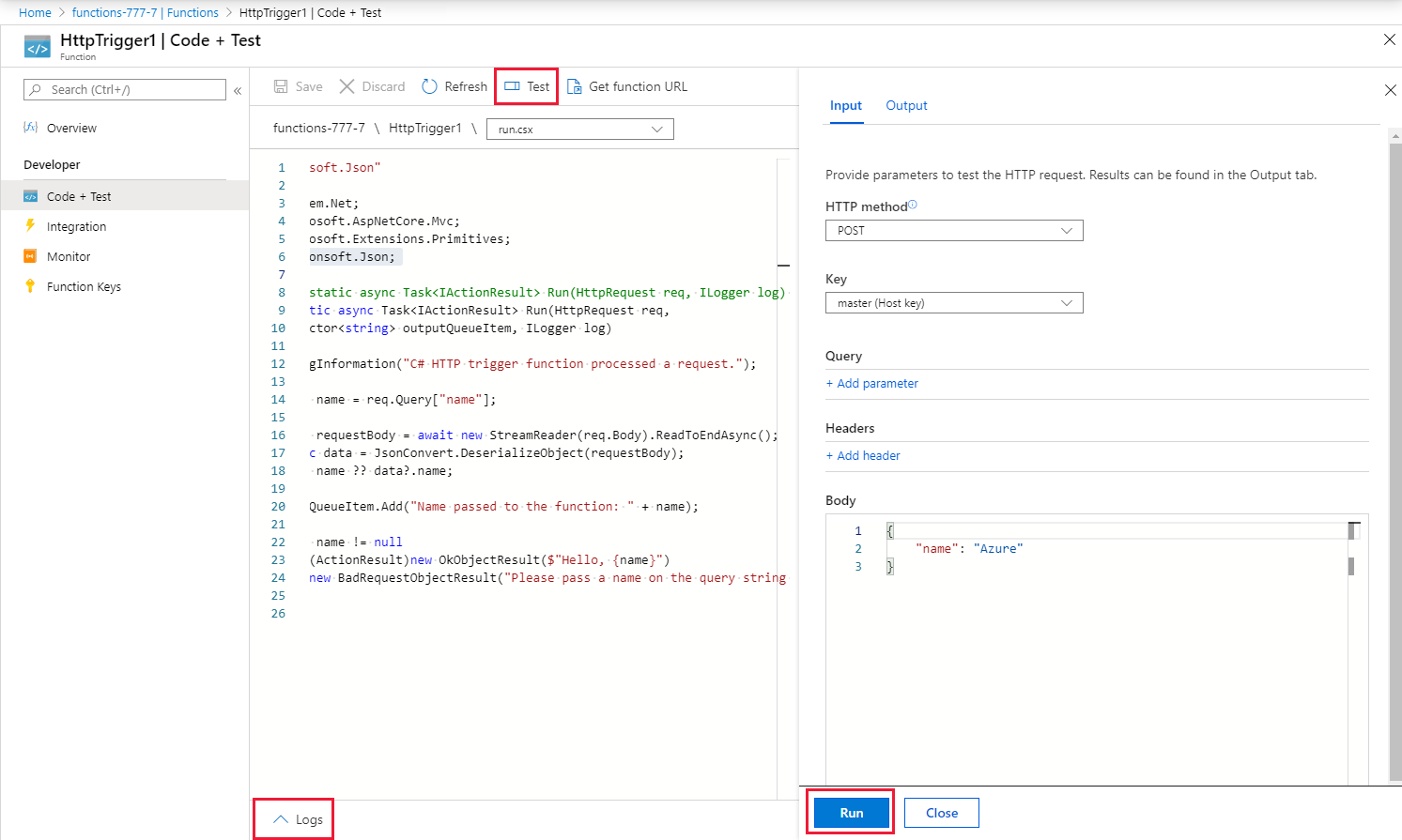 Test the queue storage binding in the Azure portal.