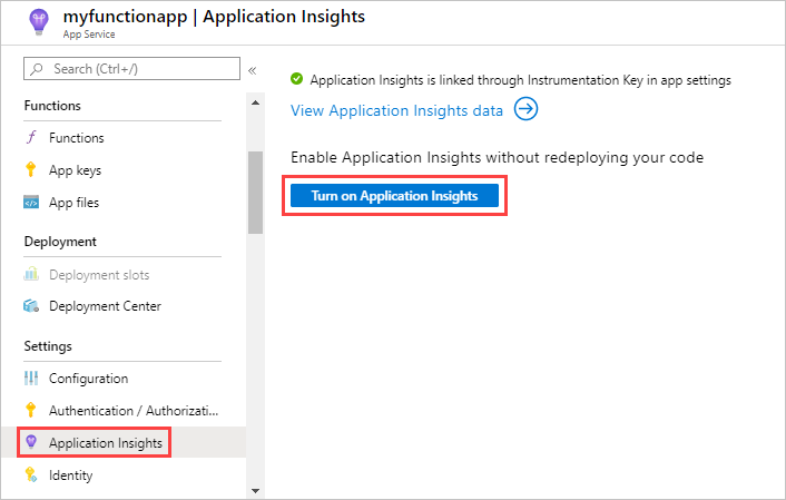 Abrir o Application Insights na página Visão geral do aplicativo de funções