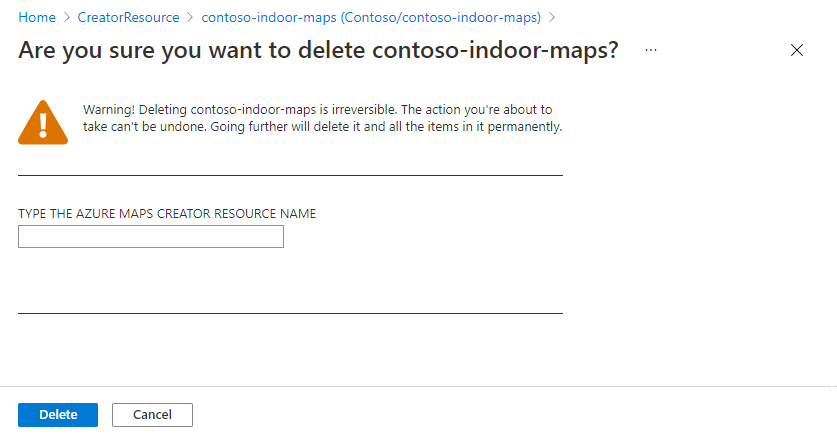 Uma captura de tela da página de confirmação de exclusão do Recurso do Criador do Azure Mapas.