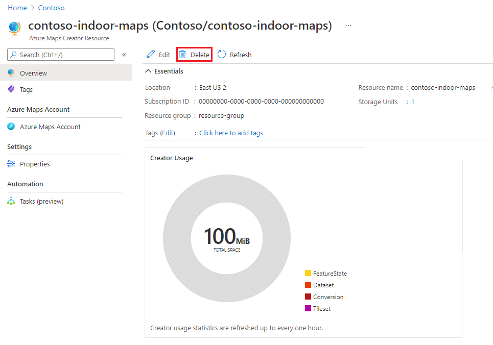 Uma captura de tela da página Recurso do Criador do Azure Mapas com o botão excluir realçado.