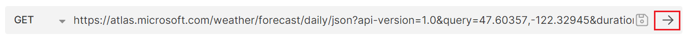 Uma captura de tela mostrando o URL de solicitação de dados de previsão do tempo diária com o botão “Executar” realçado no aplicativo bruno.