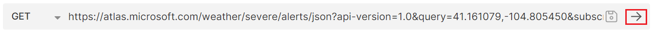 Uma captura de tela mostrando o URL de solicitação de alertas de clima severo com o botão “Executar” realçado no aplicativo bruno.