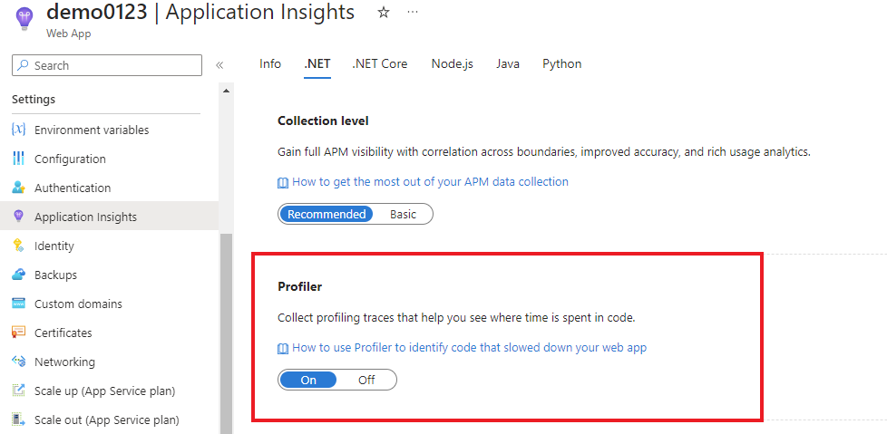 Captura de tela de como habilitar o Profiler para seu aplicativo Web.