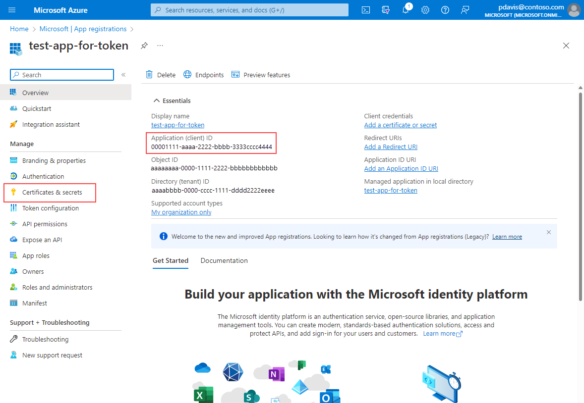 Uma captura de tela mostrando a página de visão geral de Registros de aplicativo no Microsoft Entra ID.