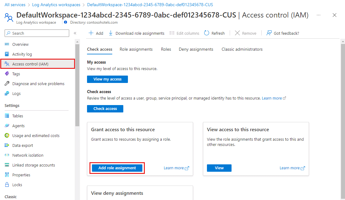 A screenshot that shows the Access control page for a Log Analytics workspace.