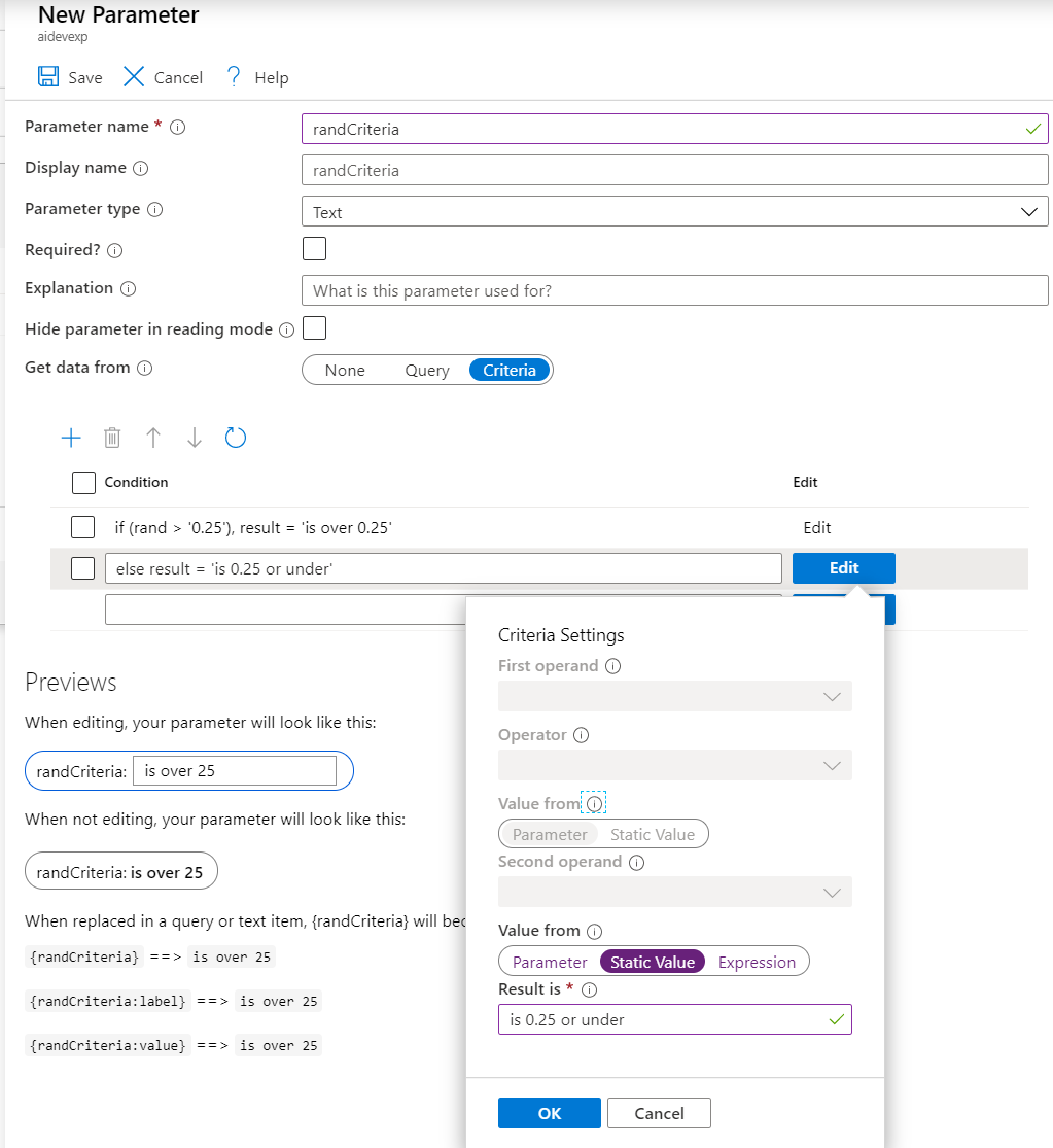 Captura de tela que mostra o formulário padrão de configurações de critérios preenchido.