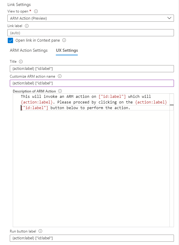 Captura de tela que mostra as configurações de ação UX das Pastas de Trabalho ARM do Azure.