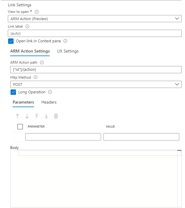 Captura de tela que mostra as configurações de ação das Pastas de Trabalho ARM do Azure.