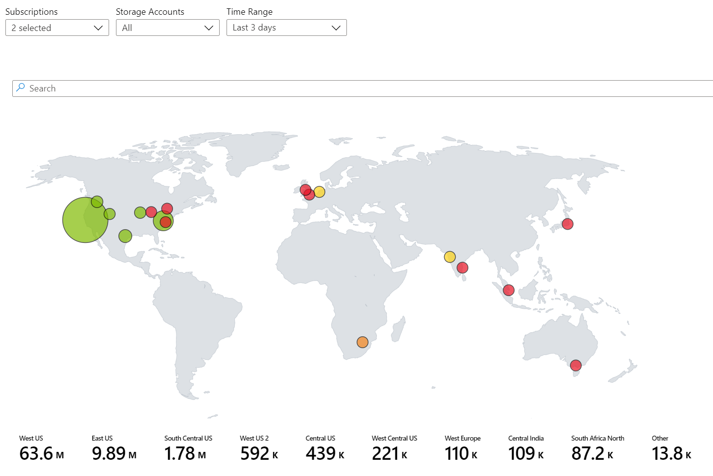 Captura de tela que mostra um exemplo de uma visualização de mapa do Azure Workbooks.