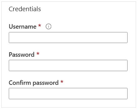 Captura de tela que mostra os campos de credenciais do Active Directory e os campos de nome de usuário, senha e confirmação de senha.