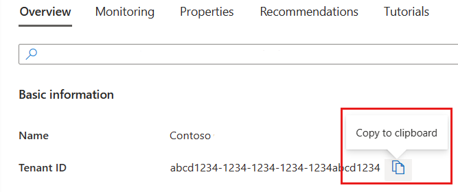 Captura de tela mostrando a opção de copiar uma ID de Locatário no portal do Microsoft Azure.