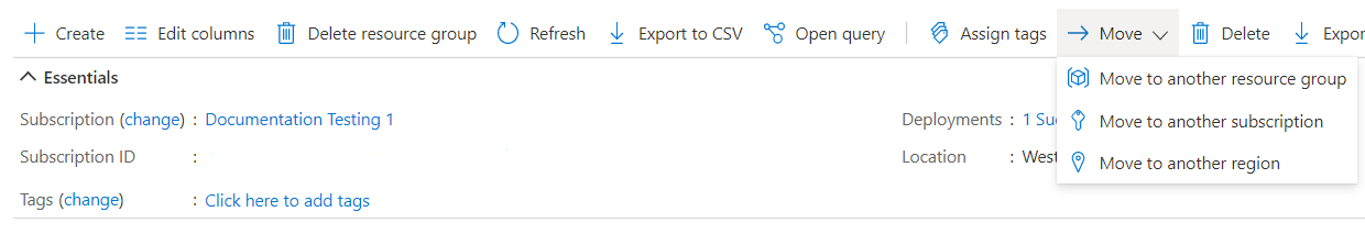 Captura de tela do portal do Azure exibindo o botão Mover com três opções.