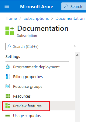 Captura de tela do menu de versão prévia dos recursos do Azure.