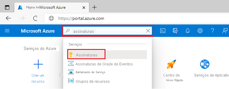 Captura de tela de pesquisa no portal do Azure.