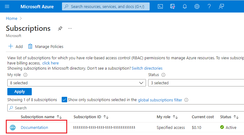 Captura de tela da seleção da assinatura do Azure.