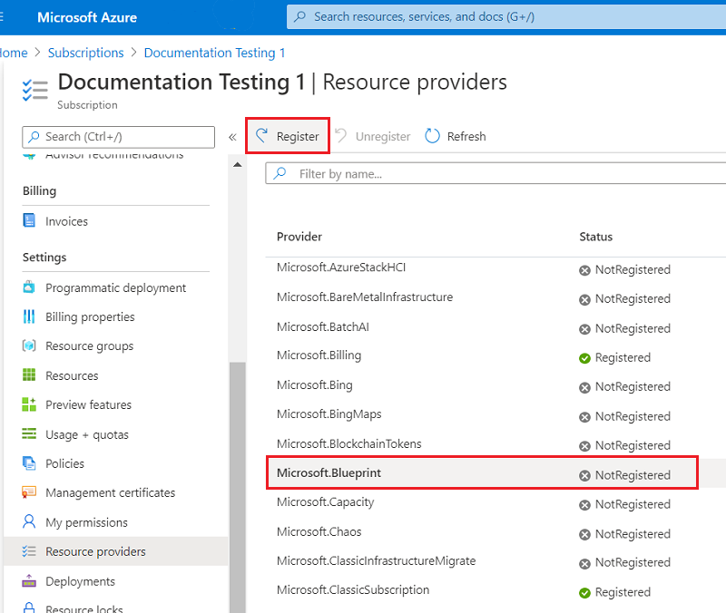 Captura de tela do registro de um provedor de recursos no portal do Azure.