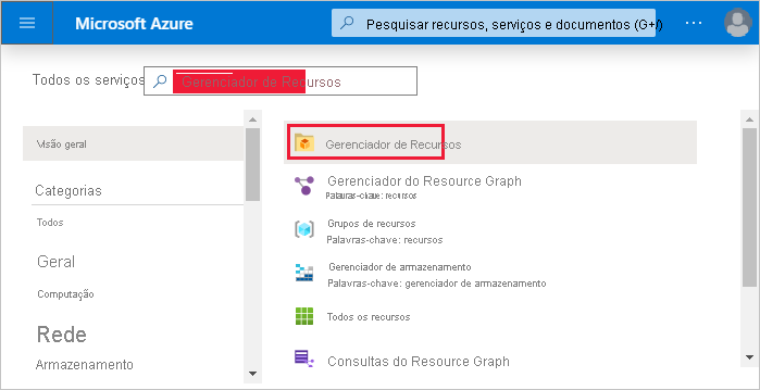 Captura de tela da seleção de todos os serviços no portal do Azure para acessar o Gerenciador de Recursos.