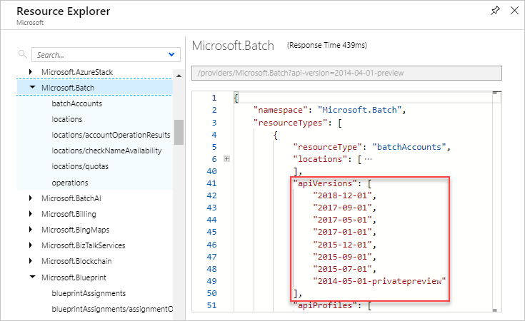 Captura de tela da exibição de versões de API válidas para um tipo de recurso no Azure Resource Explorer.