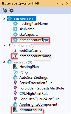 Captura de tela da janela Estrutura do código JSON que exibe o recurso Conta de armazenamento adicionado.