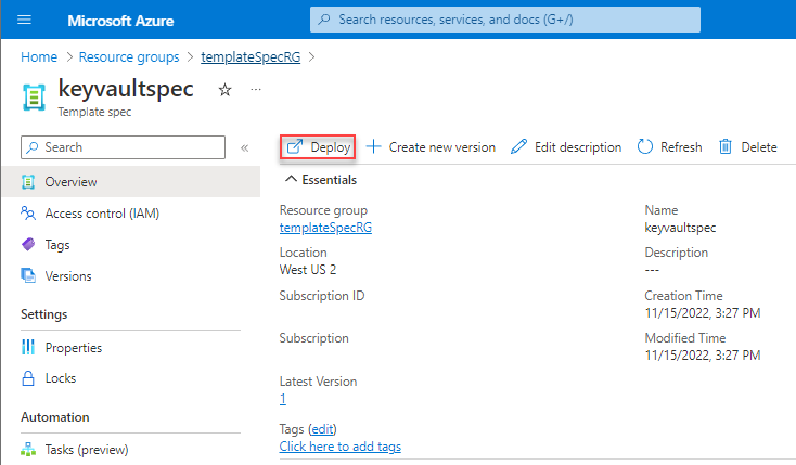 Captura de tela da visão geral das especificações do modelo do Azure com a opção de implantação destacada.