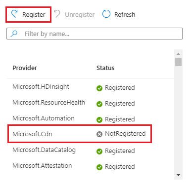 Captura de tela da lista de provedores de recursos do portal do Azure, mostrando um provedor específico selecionado e o botão 