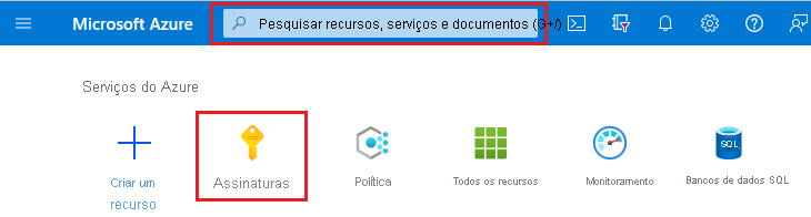 Captura de tela do portal do Azure com uma caixa de pesquisa e Assinatura em destaque.