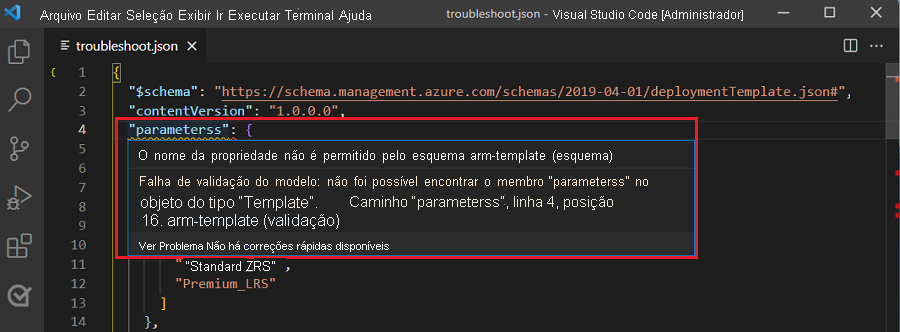 Captura de tela do Visual Studio Code destacando um erro de validação de modelo com uma linha ondulada vermelha sob os 