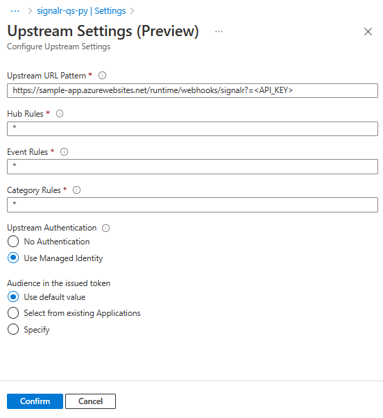 Captura de tela dos detalhes da configuração Upstream do Azure SignalR.