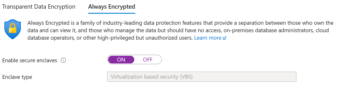 Captura de tela da habilitação de um enclave de VBS para um banco de dados existente.