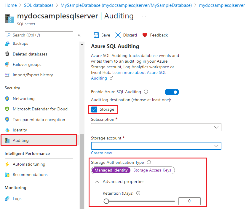 Captura de tela que mostra os tipos de autenticação de conta de armazenamento para Auditoria.