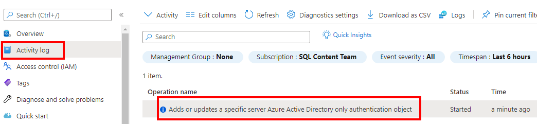 Entrada do log de atividades no portal do Azure