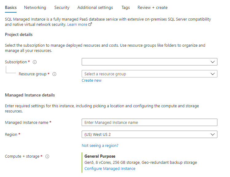 Captura de tela do portal do Azure com a guia básica “Criar Instância Gerenciada de SQL” 