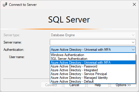 Captura de tela da caixa de diálogo Conectar ao servidor no SSMS com a opção 