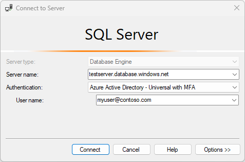 Captura de tela das configurações da caixa de diálogo Conectar aa Servidor no SSMS, com todos os campos preenchidos.