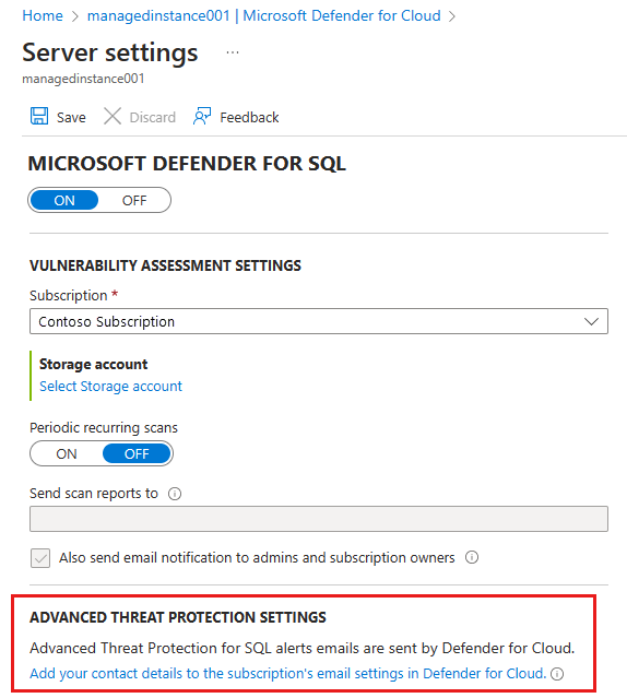 A captura de tela mostra a página Configurações do servidor, em que você pode configurar a proteção avançada contra ameaças.